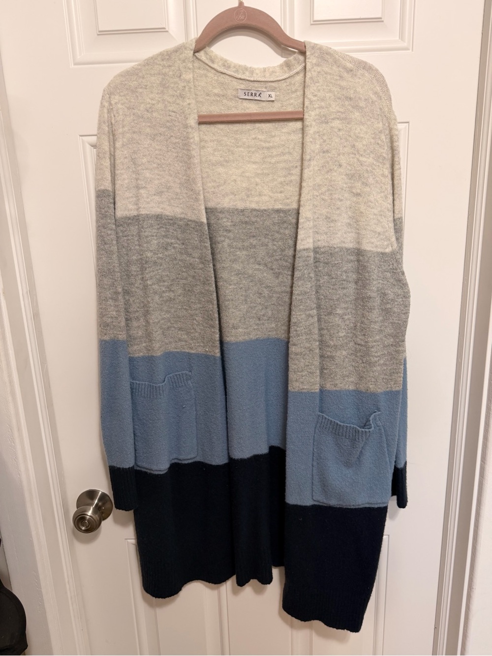 Serra Cream Gray Light Blue Navy Colorblock Open Cardigan